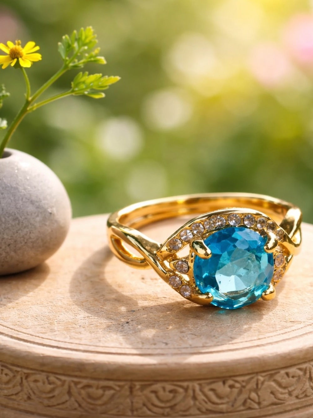 New Oval Faux Blue Topaz With CZ Gold Tone size 8